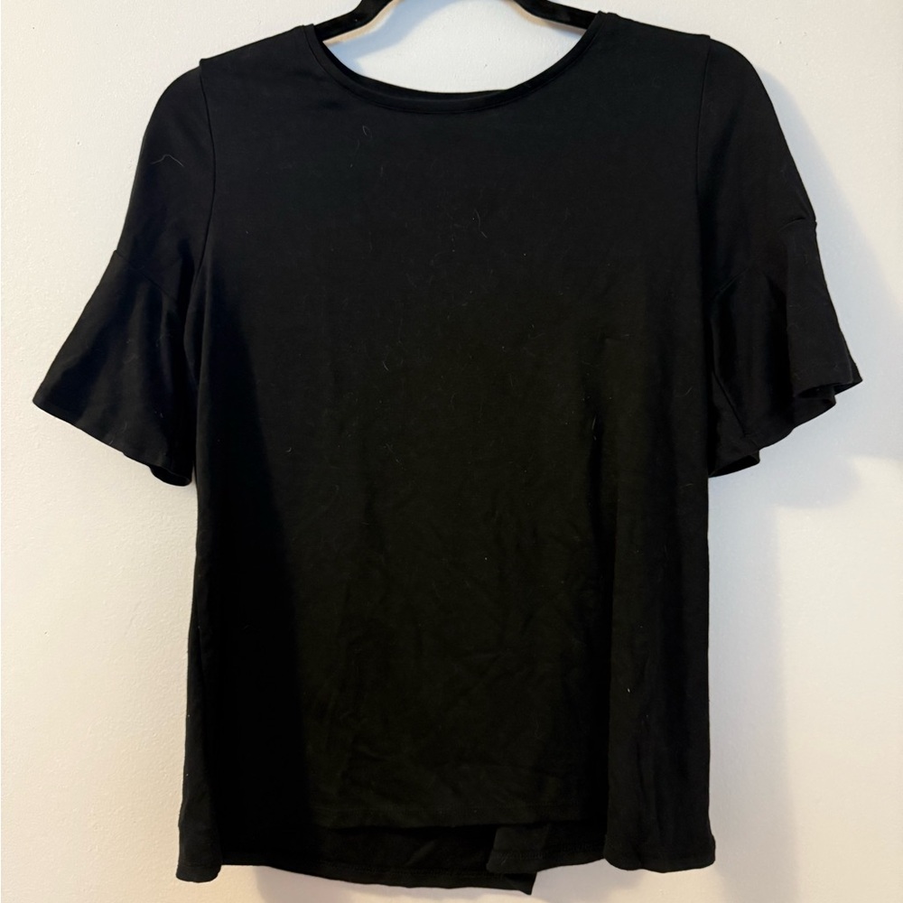 LOFT Black Short Sleeve Top with Ruffle Detail